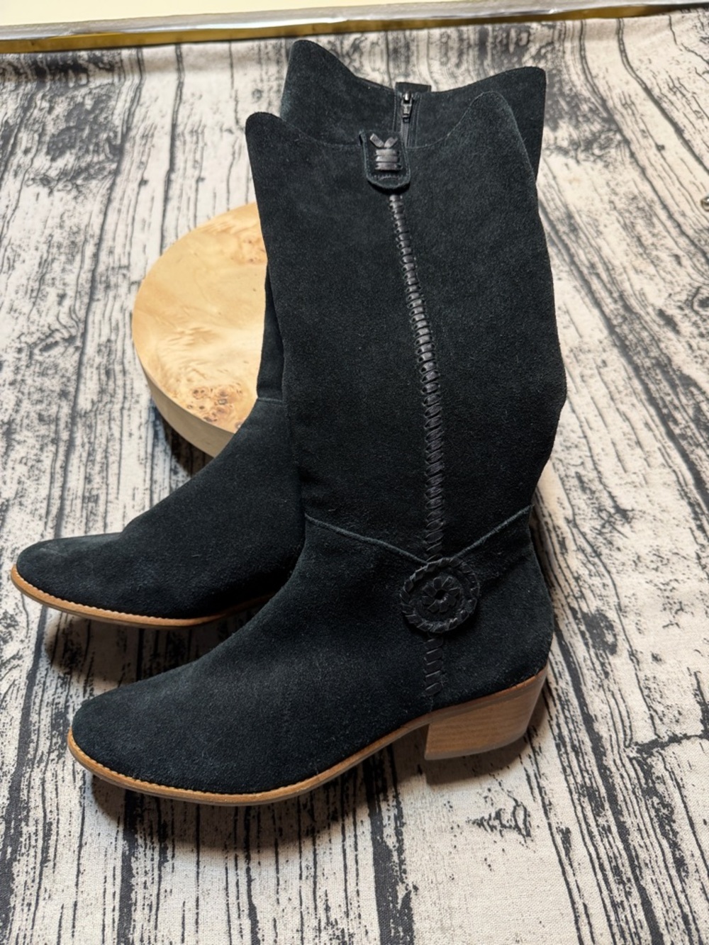 Jack Rogers Black Suede Mid-Calf Western Heeled Boots